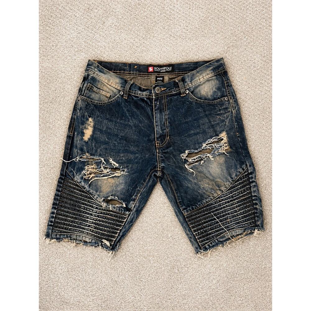 Southpole Mens Distressed Moto Denim Shorts Ripped Biker Jorts Blue Size 34/32